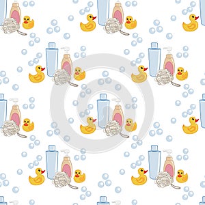 Bath Time. Vector seamless pattern with ducks and bubbles