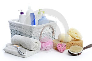 Bath toiletries basket with shower gel photo