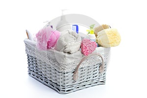 Bath toiletries basket with shower gel