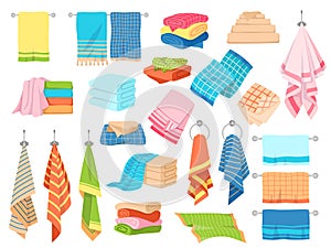 Bath towel. Hand kitchen towels, textile cloth for spa, beach, shower fabric rolls lying in stack. Cartoon vector set photo