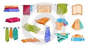 Bath towels. Beach and spa soft cotton towels in stack and rolled, hygiene and kitchen textile clothing for hands