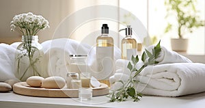 Bath towels with beauty treatment products setting in spa center in white room,