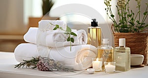 Bath towels with beauty treatment products setting in spa center in white room,