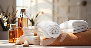 Bath towels with beauty treatment products setting in spa center in white room,