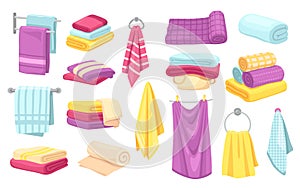 Bath towels. Cartoon folded towel, hanging cloth, rolled fabric. Kitchen or bathroom textile, cotton clothing materials