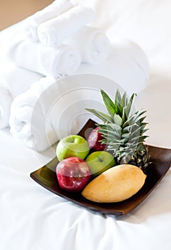 Bath towels and fruit