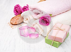 Bath towels, salt and soap