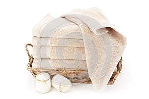 Bath towels in a wicker basket