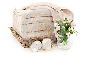 Bath towels in a wicker basket