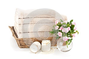 Bath towels in a wicker basket