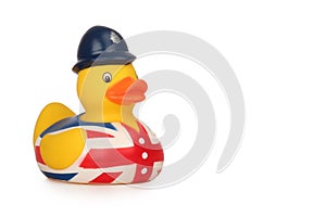 Bath toy duck with the British flag isolated on a white background