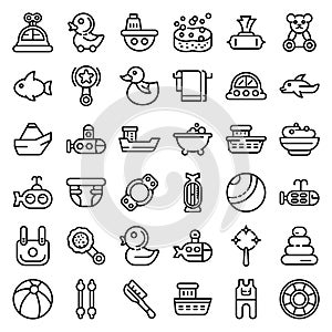 Bath toys icons set, outline style