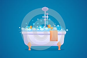 Bath tub, bubble foam, soap and towel. Wash in bathroom, hot water in bathtub, cute yellow shower duck, relax time