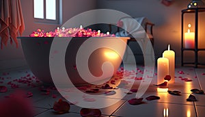 a bath tub filled with lots of rose petals next to a lit candl