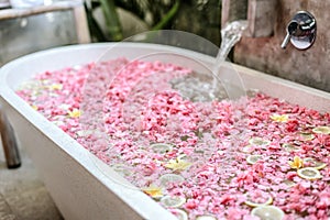 Bath tub filling with water with flowers and lemon slices