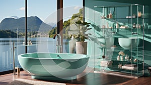 A bath tub sitting in a bathroom next to a window