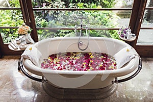 Bath tube with tropical flowers, spa, relaxation