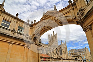 BATH, UK: The Bath Abbey with arcades in the foreground