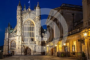 Bath, UK - The Bath Abbey and the Roman Baths Entrance in the Evening