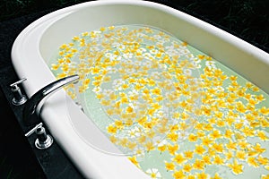 Bath with yellow flowers in tropics.