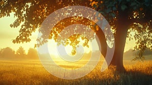 Golden sunrise meadow landscape. AI Generated photo