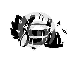 Bathhouse or sauna silhouette emblem. Bath tools for Russian banya. Black cutout illustration of wooden tub, ladle, spoon, hat,