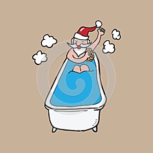 Bathing in bath tub Santa cartoon drawing