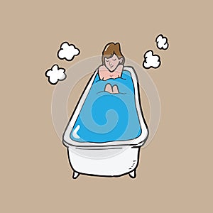 Bathing in bath tub woman cartoon drawing 1