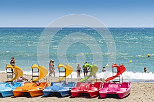 Bathing boats on the beach in Marbella Spain
