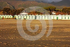 Bathing establishments out of season. winter day. all closed and out of service. lined cabins. cold.