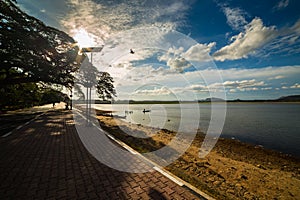 Bathing and fishing in Tissa Lake of Tissamaharama in Sri Lanka. Beuatful lake.