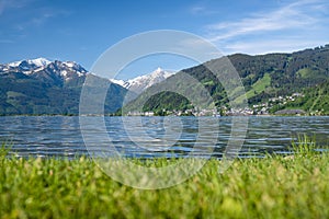 Bathing lawn on the shore of Lake Zell, in the background the town of Zell am See and the Kitzsteinhorn, Salzburger Land, Austria