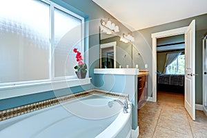 Bathrom interior in aqua tone with white bath tub