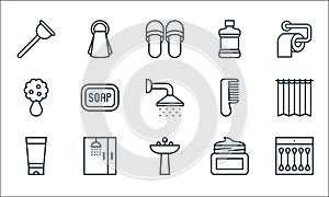 bathroom accessories line icons. linear set. quality vector line set such as cotton buds, washbasin, cream, hair gel, shower,