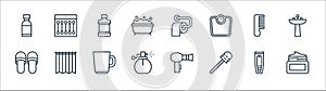 bathroom accessories line icons. linear set. quality vector line set such as hair gel, toilet brush, spray bottle, slipper, comb,