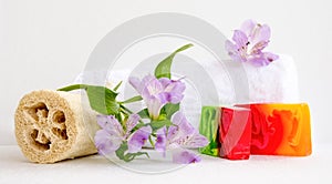 Bathroom accessories, luff, alstroemeria flower, handmade soap