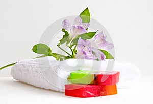 Bathroom accessories, luff, alstroemeria flower, handmade soap