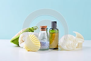 Bathroom Accessories - Shampoo, loofah, towel, bath salt and body brush