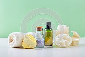 Bathroom Accessories - Shampoo, loofah, towel, bath salt and body brush