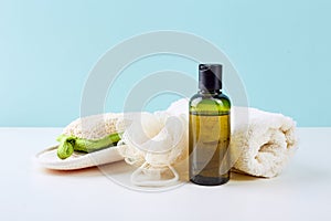 Bathroom Accessories - Shampoo, loofah, towel, bath salt and body brush