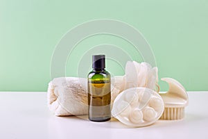 Bathroom Accessories - Shampoo, loofah, towel, bath salt and body brush