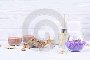 Bathroom accessories. Spa and beauty theatment products. Concept of natural spa cosmetics and organic threatment bodycare photo