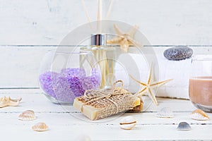 Bathroom accessories. Spa and beauty theatment products. Concept of natural spa cosmetics and organic threatment bodycare photo