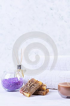 Bathroom accessories. Spa and beauty theatment products. Concept of natural spa cosmetics and organic threatment bodycare