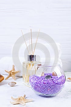 Bathroom accessories. Spa and beauty theatment products. Concept of natural spa cosmetics and organic threatment bodycare