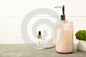 Bathroom accessory, soap bottle on light background