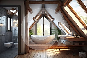 Bathroom in the attic, complete with a chic tub, a wooden floor, and a balcony door