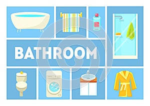 Bathroom Banner Template, Furniture and Accessories, Design Elements For Bathroom Interior Vector Illustration