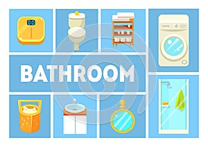 Bathroom Banner Template, Modern Furniture and Accessories, Design Elements For Bathroom Interior Vector Illustration