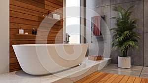 Bathroom bathroom interior with sauna style wood planks design and quartz countertop slab under bathtub